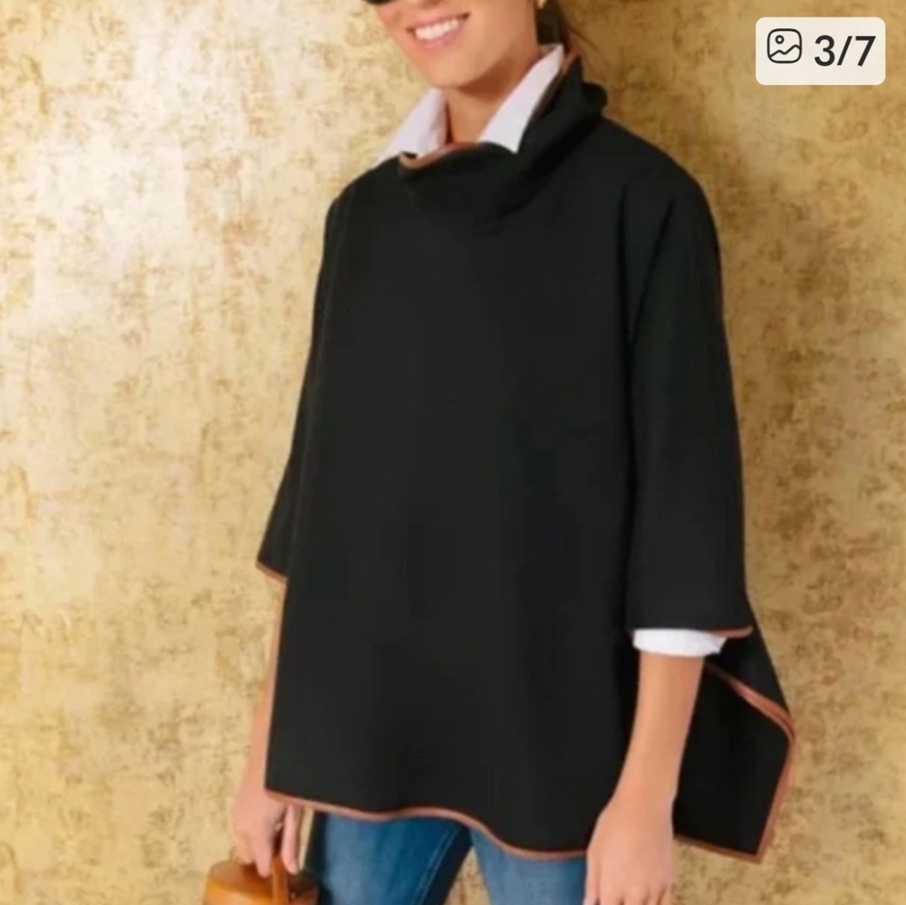 Tuckernuck Women's Piper Blk Leather Trim Poncho OS Old Money Minimal Cozy Norm